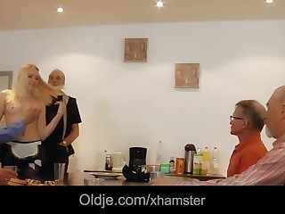 Lustful blonde vulgarly Fucks with several old men at once